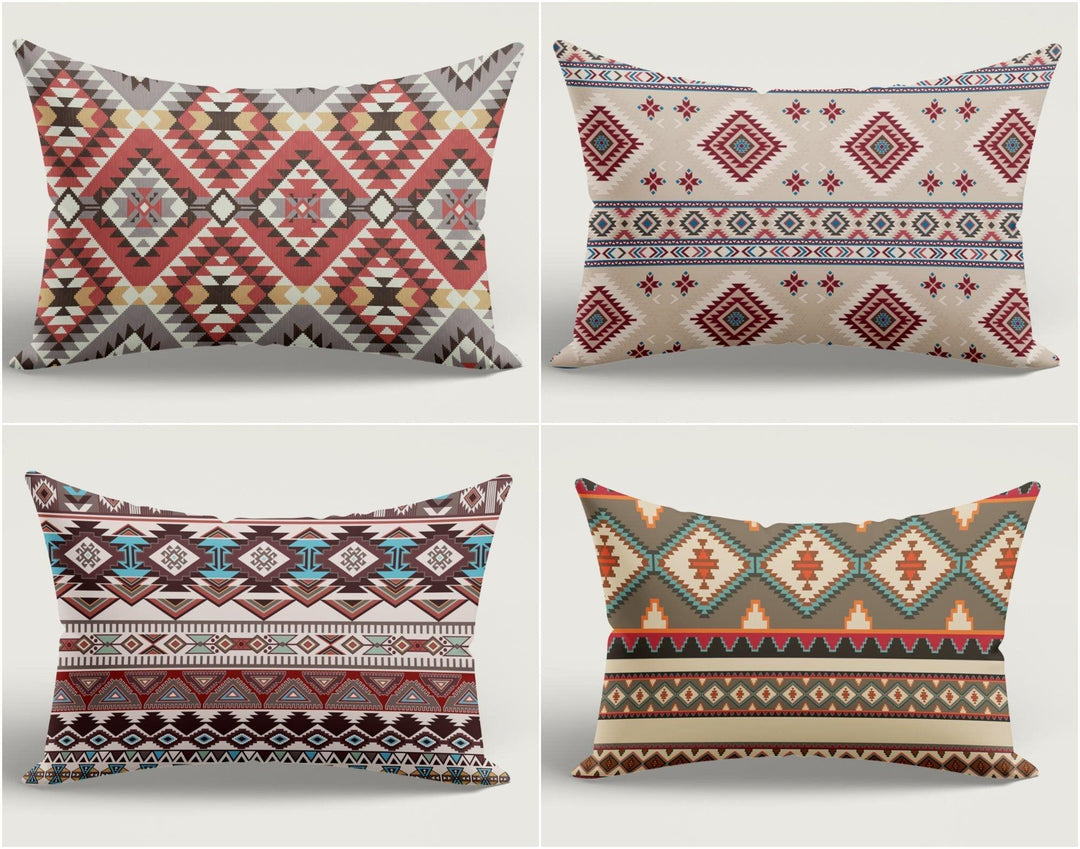 Rug Design Pillow Cover|Terracotta Southwestern Cushion Case|Rectangle Aztec Print Lumbar Pillow|Farmhouse Style Geometric Throw Pillow Case