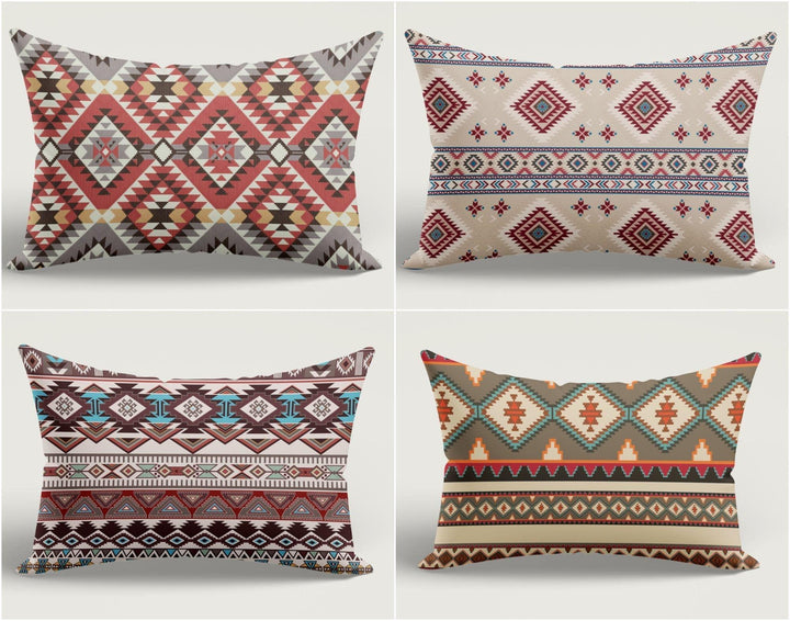 Rug Design Pillow Cover|Terracotta Southwestern Cushion Case|Rectangle Aztec Print Lumbar Pillow|Farmhouse Style Geometric Throw Pillow Case