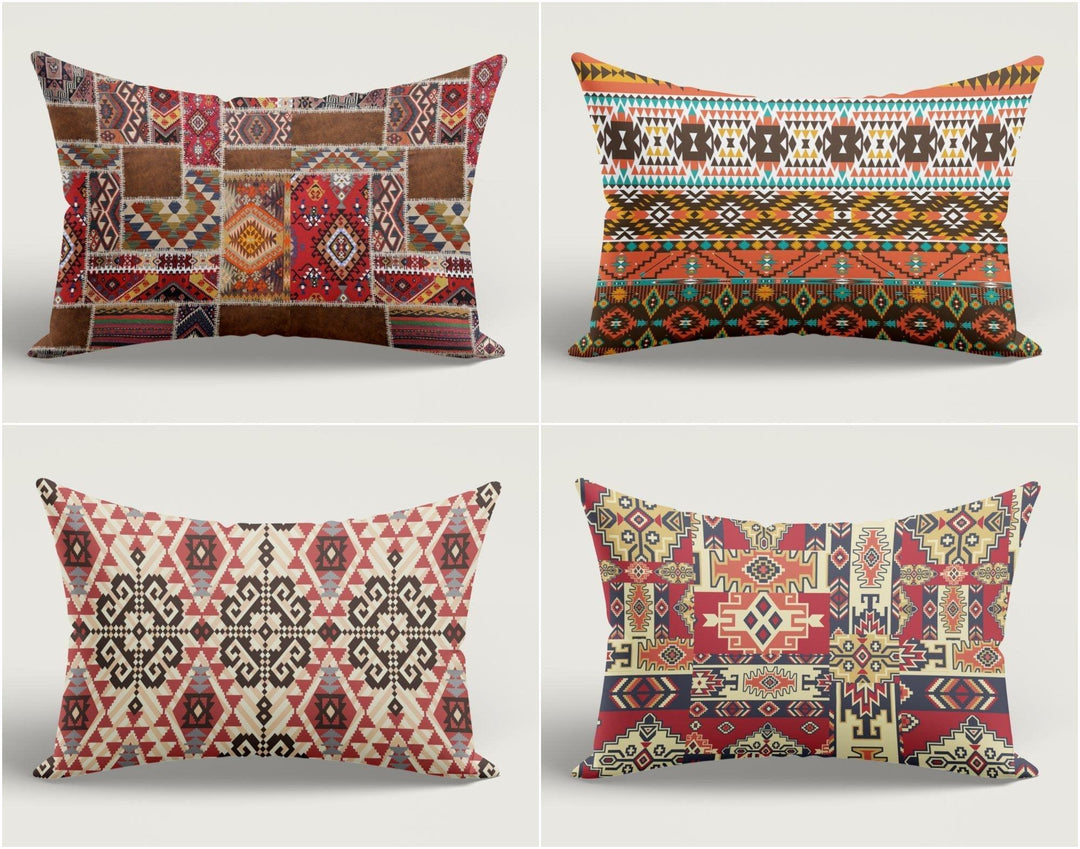 Rug Design Pillow Cover|Southwest Cushion Case|Rectangle Aztec Print Lumbar Pillow|Farmhouse Style Geometric Turkish Kilim Throw Pillow Case