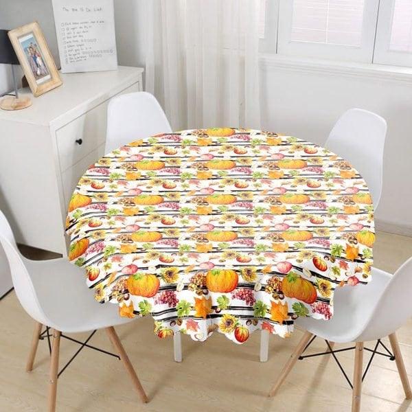 Fall Trend Tablecloth|Pumpkin Print Round Table Linen|Housewarming Autumn Kitchen Decor|Checkered Tablecloth|Circle Hello Fall Tablecloth