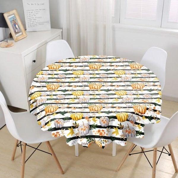 Fall Trend Tablecloth|Pumpkin Print Round Table Linen|Housewarming Autumn Kitchen Decor|Checkered Tablecloth|Circle Hello Fall Tablecloth