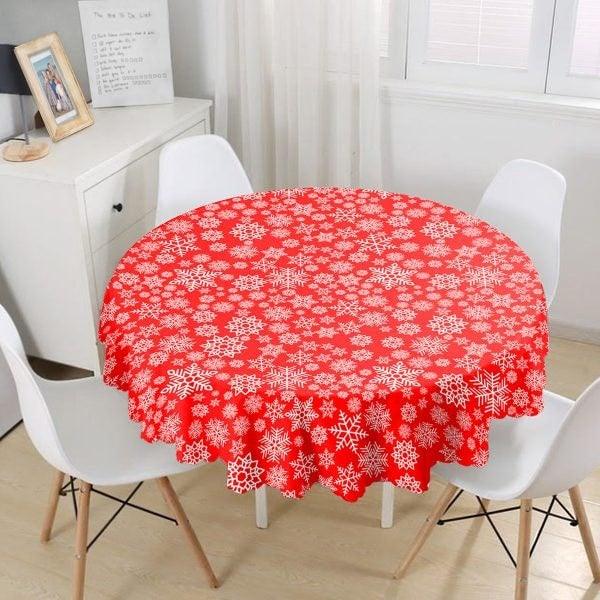 Snowflake Tablecloth|Winter Trend Round Table Linen|Housewarming Xmas Kitchen Decor|Geometric Tablecloth|Circle Red White Xmas Tablecloth