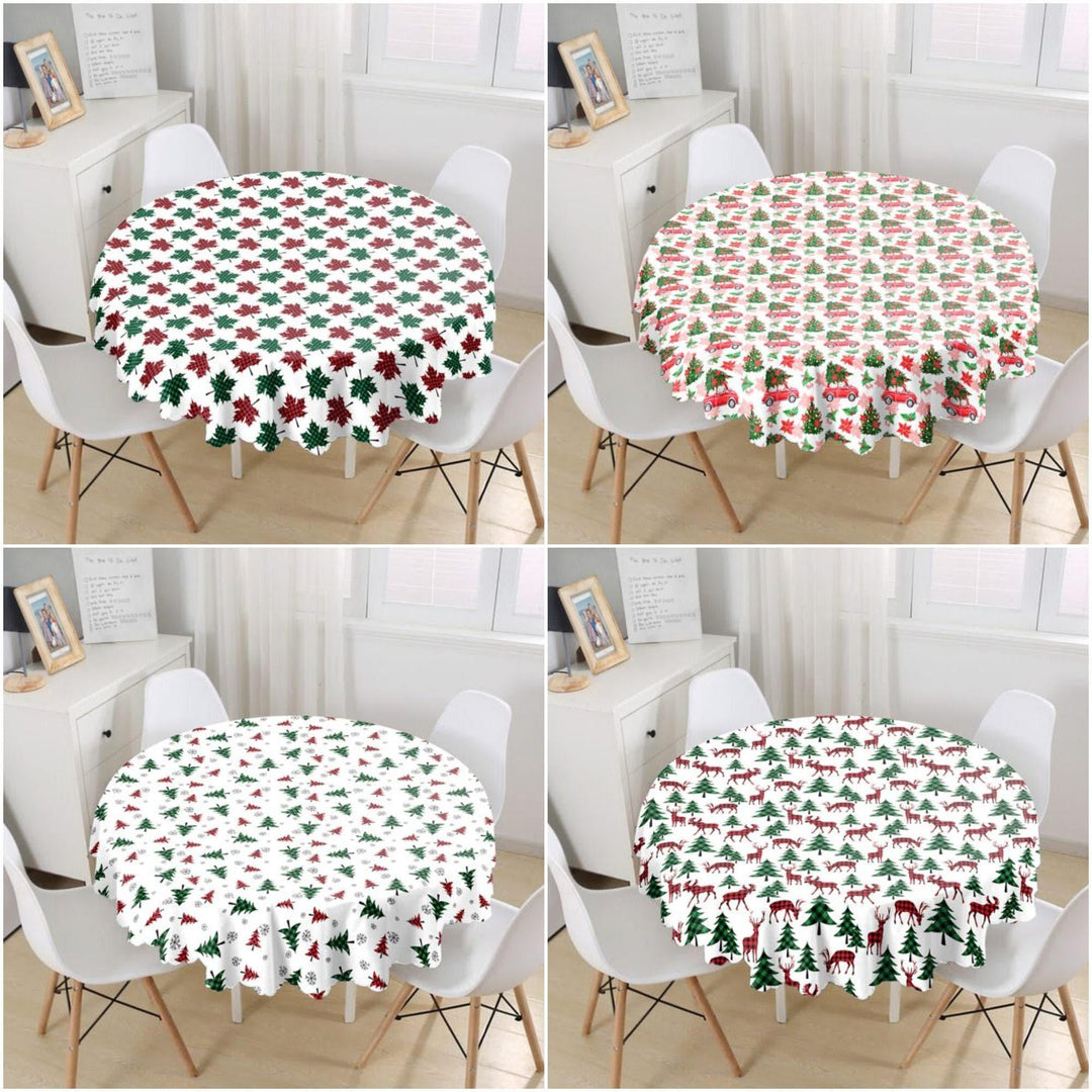 Christmas Tablecloth|Round Xmas Deer and Tree Table Linen|Housewarming Checkered Leaves Kitchen Decor|Red Car with Xmas Tree Tablecloth