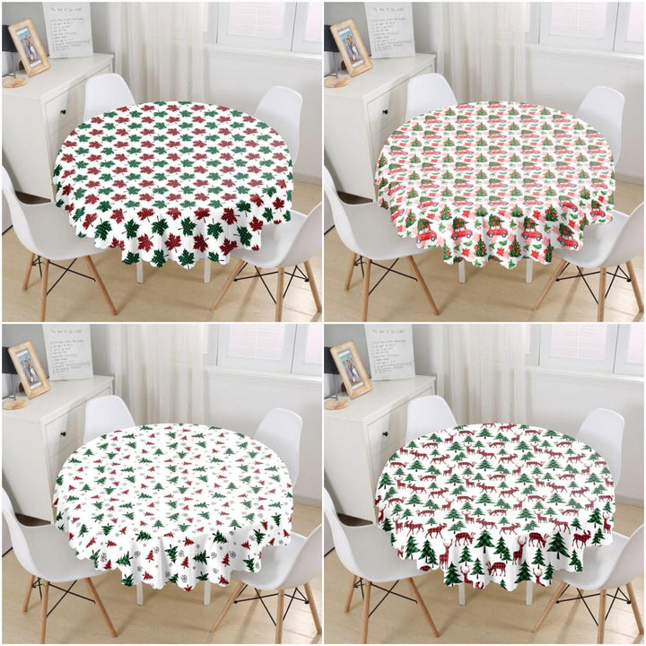 Christmas Tablecloth|Round Xmas Deer and Tree Table Linen|Housewarming Checkered Leaves Kitchen Decor|Red Car with Xmas Tree Tablecloth