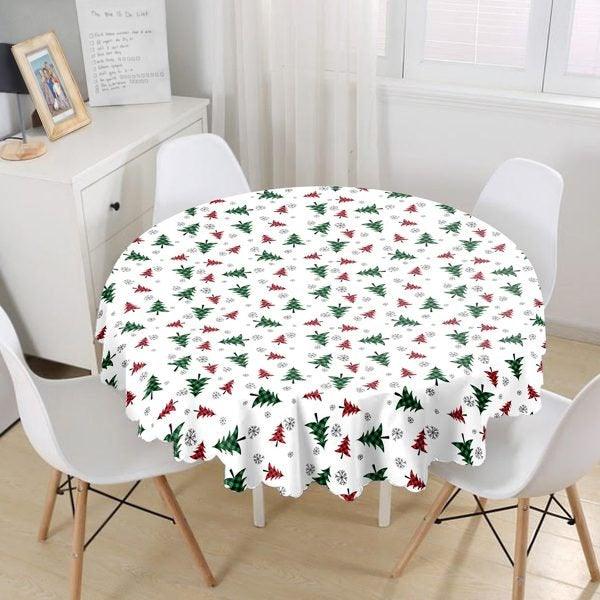 Christmas Tablecloth|Round Xmas Deer and Tree Table Linen|Housewarming Checkered Leaves Kitchen Decor|Red Car with Xmas Tree Tablecloth