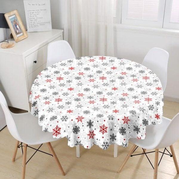 Snowflake Tablecloth|Winter Trend Round Table Linen|Housewarming Xmas Kitchen Decor|Geometric Tablecloth|Circle Design Xmas Tablecloth