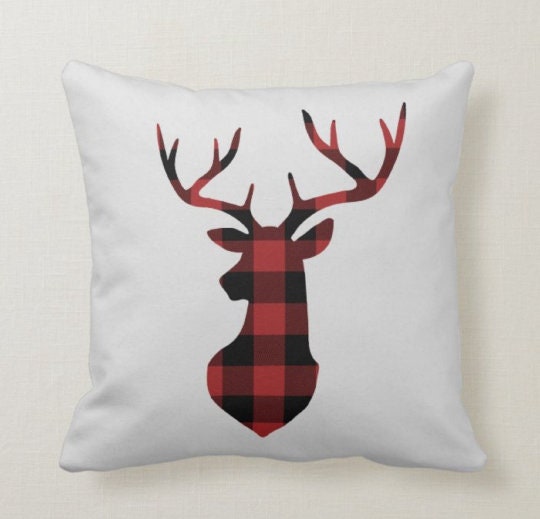 Christmas Pillow Top|Checkered Xmas Deer Cushion Case|Decorative Buckhorn Pillow Case|Xmas Home Decor|Buffalo Plaid Pillow|Winter Pillow Top