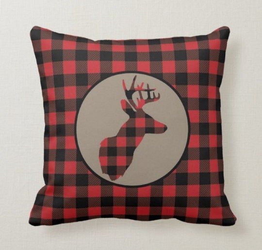 Christmas Pillow Top|Checkered Xmas Deer Cushion Case|Decorative Buckhorn Pillow Case|Xmas Home Decor|Buffalo Plaid Pillow|Winter Pillow Top