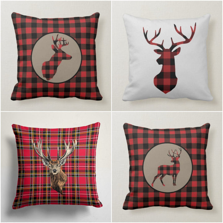 Christmas Pillow Top|Checkered Xmas Deer Cushion Case|Decorative Buckhorn Pillow Case|Xmas Home Decor|Buffalo Plaid Pillow|Winter Pillow Top