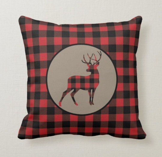 Christmas Pillow Top|Checkered Xmas Deer Cushion Case|Decorative Buckhorn Pillow Case|Xmas Home Decor|Buffalo Plaid Pillow|Winter Pillow Top