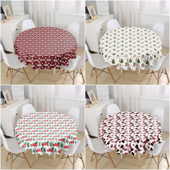 Christmas Tablecloth|Round Xmas Deer and Xmas Tree Table Linen|Housewarming Xmas Socks Kitchen Decor|Red Truck with Xmas Tree Tablecloth