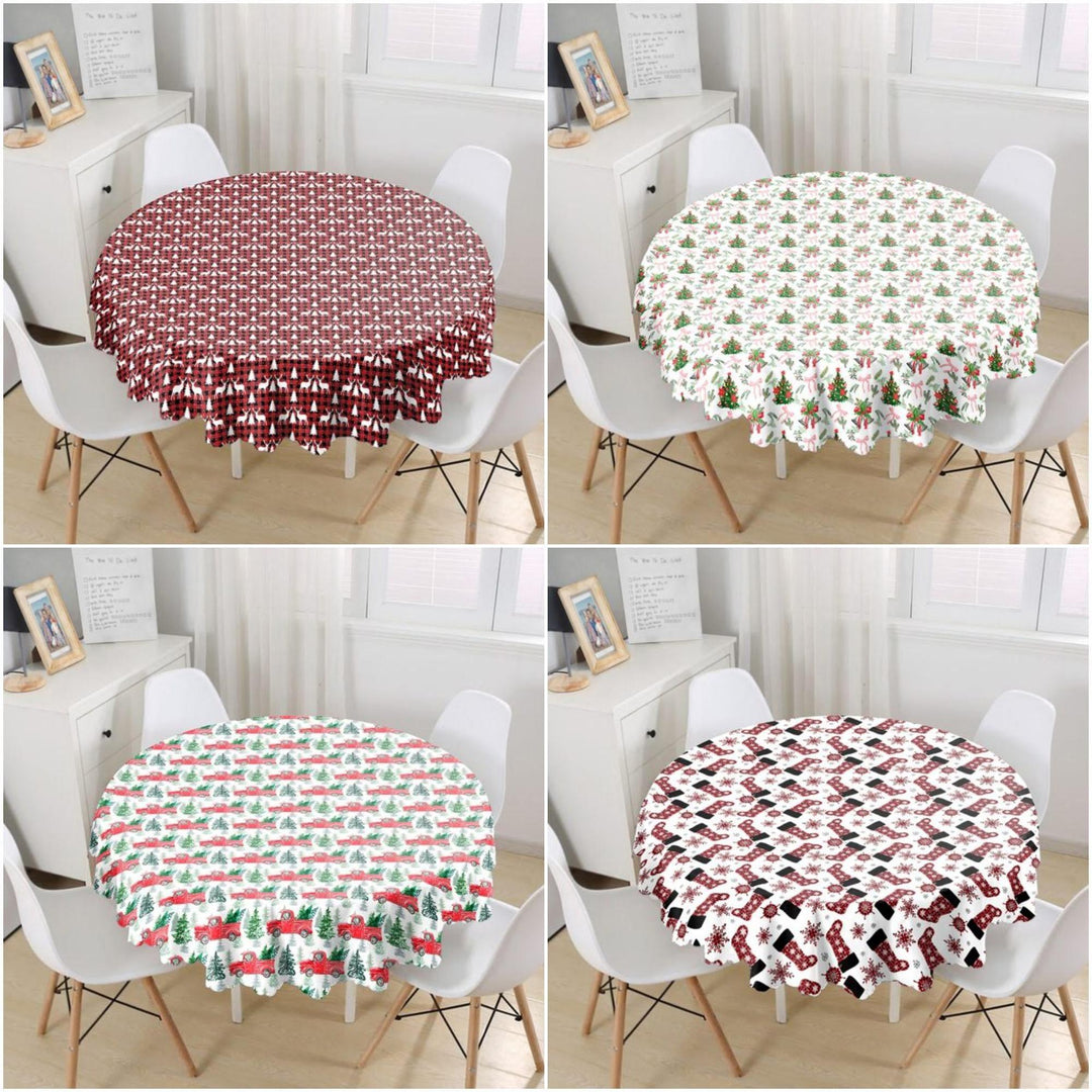 Christmas Tablecloth|Round Xmas Deer and Xmas Tree Table Linen|Housewarming Xmas Socks Kitchen Decor|Red Truck with Xmas Tree Tablecloth