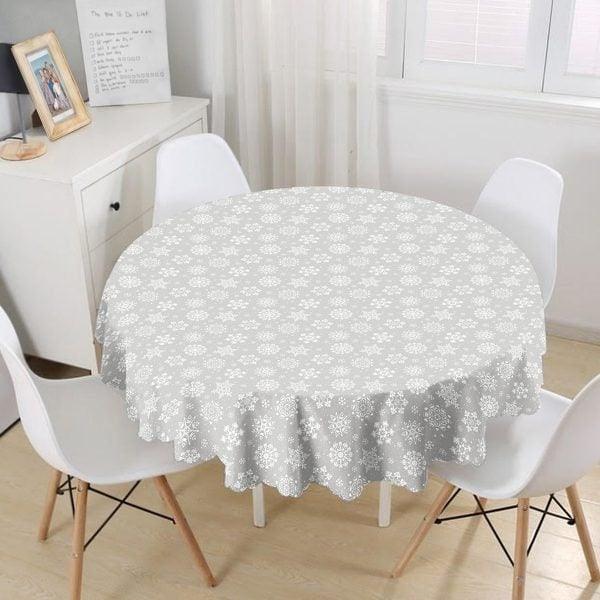 Snowflake Tablecloth|Winter Trend Round Tablecloth|Decorative Pale Colored Xmas Kitchen Decor|Geometric Tablecloth|Circle Design Xmas Table