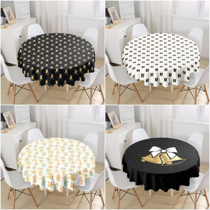 Winter Trend Tablecloth|Round Gift Box and Bell Print Table Linen|Housewarming Xmas Kitchen Decor|Decorative Circle Christmas Tablecloth