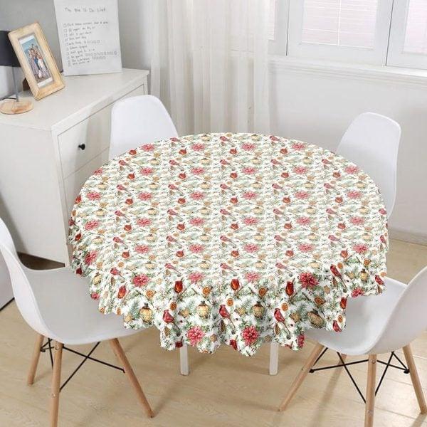 Winter Trend Tablecloth|Round Cardinal Bird Table Linen|Housewarming Pine Cone Print Kitchen Decor|Circle Checkered Leaves Print Tablecloth