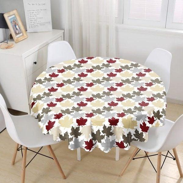 Winter Trend Tablecloth|Round Cardinal Bird Table Linen|Housewarming Pine Cone Print Kitchen Decor|Circle Checkered Leaves Print Tablecloth