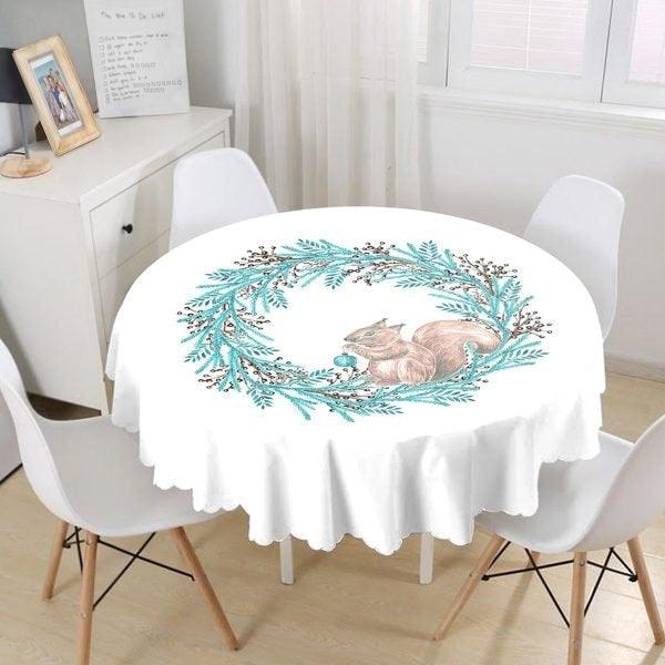 Fall Trend Tablecloth|Dry Leaves Print Round Table Linen|Housewarming Autumn Kitchen Decor|Cute Squirrel Tablecloth|Circle Fall Tablecloth