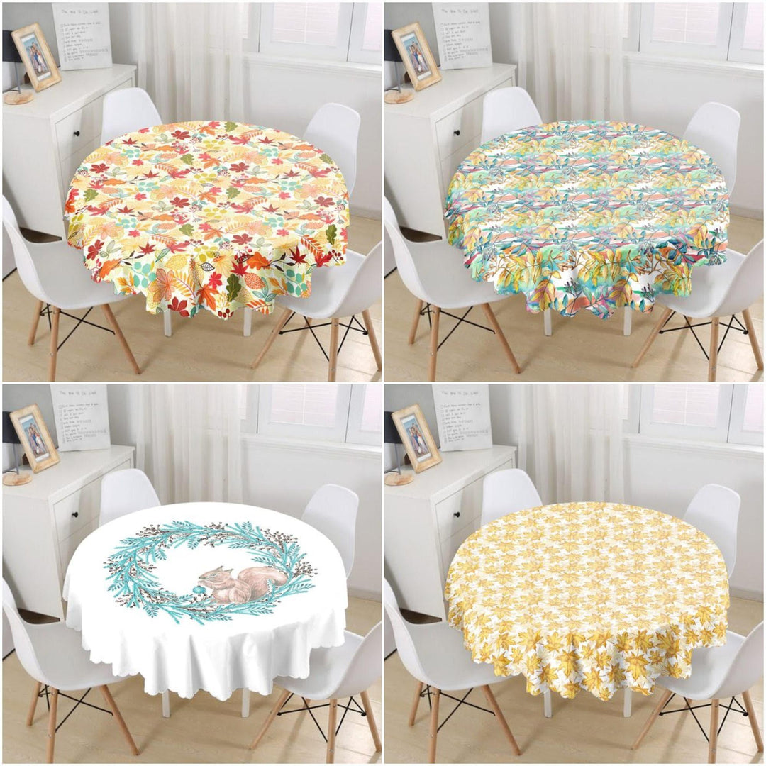 Fall Trend Tablecloth|Dry Leaves Print Round Table Linen|Housewarming Autumn Kitchen Decor|Cute Squirrel Tablecloth|Circle Fall Tablecloth