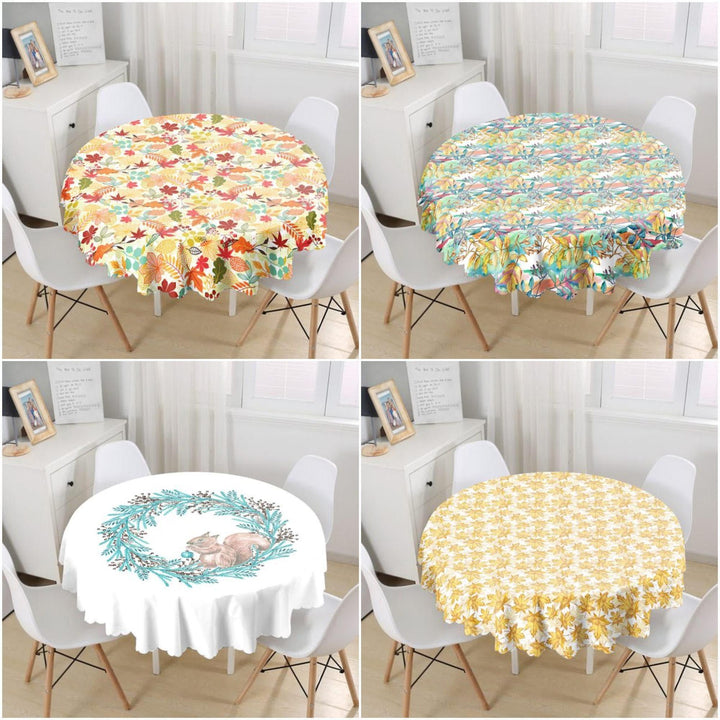 Fall Trend Tablecloth|Dry Leaves Print Round Table Linen|Housewarming Autumn Kitchen Decor|Cute Squirrel Tablecloth|Circle Fall Tablecloth