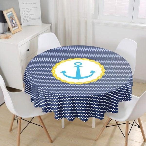 Nautical Tablecloth|Navy Anchor Print Round Table Linen|Coastal Kitchen Decor|Striped and Zigzag Tablecloth|Circle Beach House Table Cover