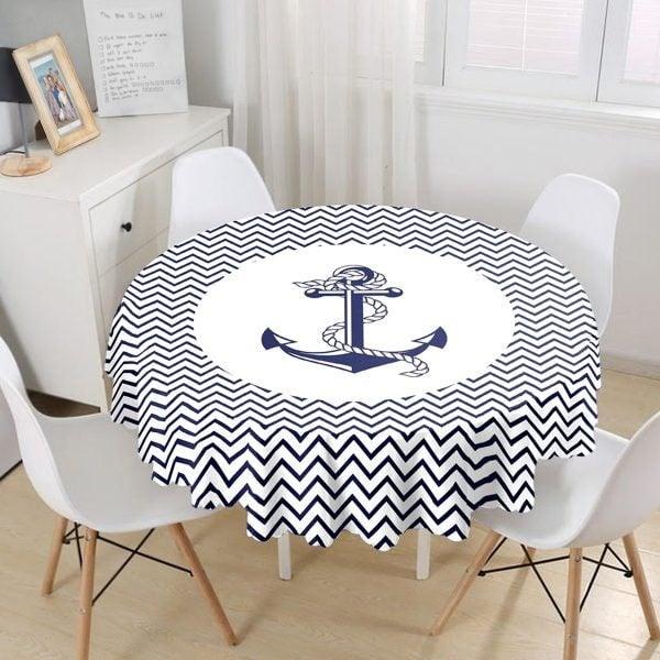 Nautical Tablecloth|Navy Anchor Print Round Table Linen|Coastal Kitchen Decor|Striped and Zigzag Tablecloth|Circle Beach House Table Cover