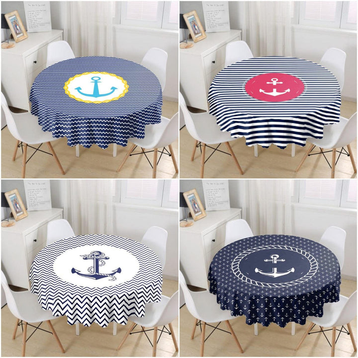 Nautical Tablecloth|Navy Anchor Print Round Table Linen|Coastal Kitchen Decor|Striped and Zigzag Tablecloth|Circle Beach House Table Cover