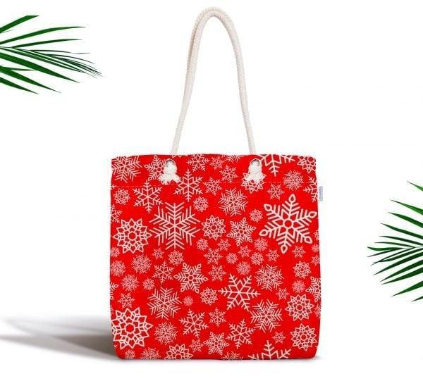 Snowflake Shoulder Bag|Red White Fabric Bag|Geometric Tote Bag|Winter Trend Hand Bag|Snowflake Weekender Bag|Gift for Her|Everyday Use Bag