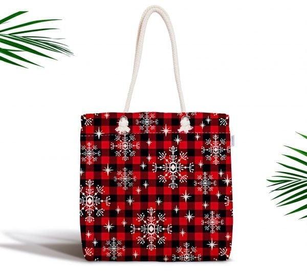 Snowflake Shoulder Bag|Red White Fabric Bag|Geometric Tote Bag|Winter Trend Hand Bag|Snowflake Weekender Bag|Gift for Her|Everyday Use Bag