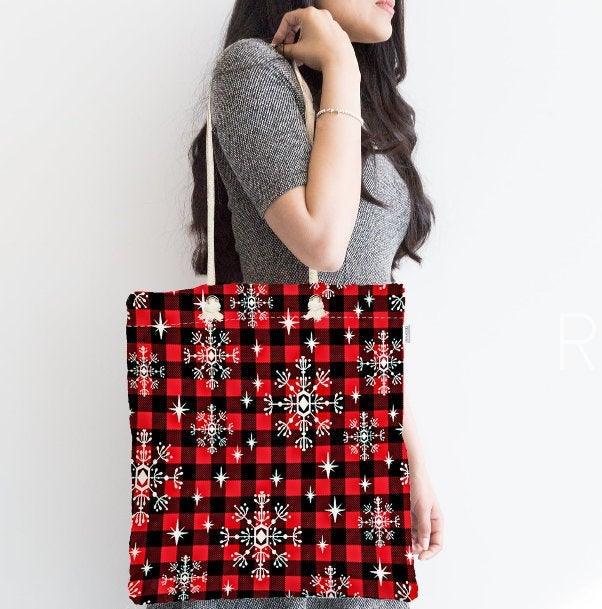 Snowflake Shoulder Bag|Red White Fabric Bag|Geometric Tote Bag|Winter Trend Hand Bag|Snowflake Weekender Bag|Gift for Her|Everyday Use Bag