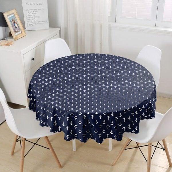 Nautical Tablecloth|Navy Anchor Print Round Table Linen|Coastal Kitchen Decor for Yacht|Navy Wheel Tablecloth|Circle Beach House Table Top