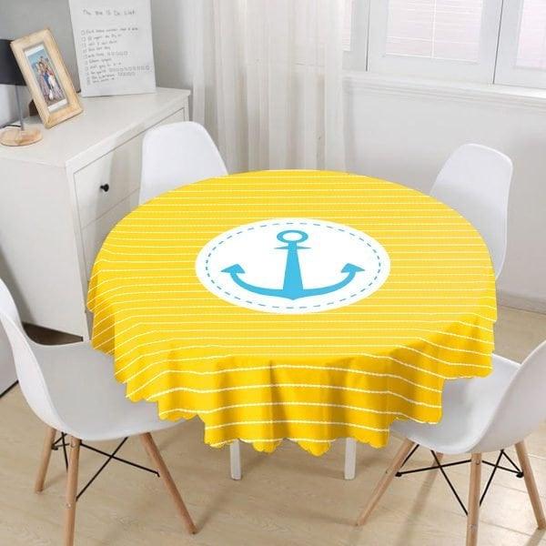 Nautical Tablecloth|Navy Anchor Print Round Table Linen|Coastal Kitchen Decor|Striped and Zigzag Tablecloth|Circle Beach House Table Cover