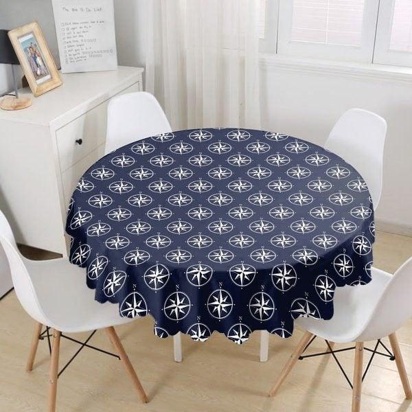 Nautical Tablecloth|Navy Anchor Wheel and Live Saver Round Table Linen|Coastal Kitchen Decor|Navy Compass Tablecloth|Circle Beach Table Top