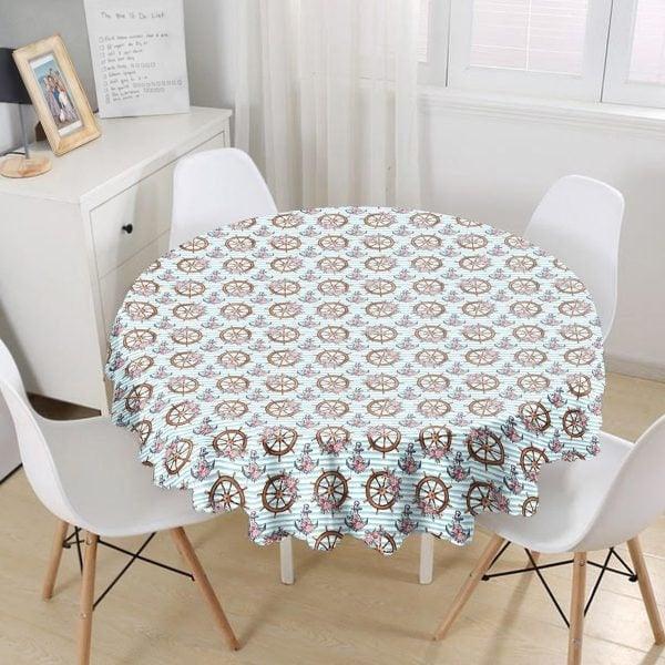 Nautical Tablecloth|Navy Anchor Wheel and Live Saver Round Table Linen|Coastal Kitchen Decor|Navy Compass Tablecloth|Circle Beach Table Top