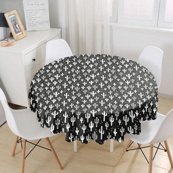 Cactus Tablecloth|Round Succulent Table Linen|Farmhouse Kitchen Decor|Decorative Cactus Table Top|Circle Green Black White Cactus Table