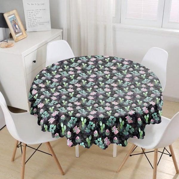 Cactus Tablecloth|Round Succulent Table Linen|Farmhouse Kitchen Decor|Decorative Cactus Table Top|Circle Green Black White Cactus Table