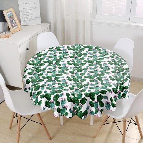 Cactus Tablecloth|Round Green Succulent Table Linen|Farmhouse Kitchen Decor|Decorative Green Cactus Table Top|Circle Green White Tablecloth