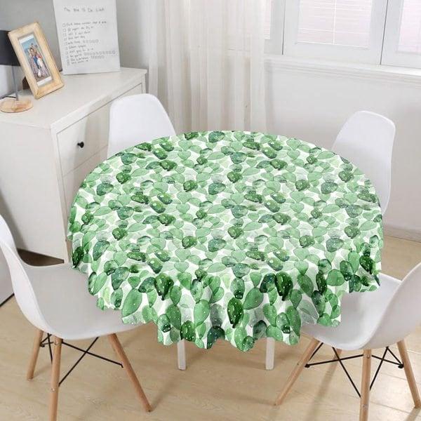 Cactus Tablecloth|Round Green Succulent Table Linen|Farmhouse Kitchen Decor|Decorative Green Cactus Table Top|Circle Green White Tablecloth