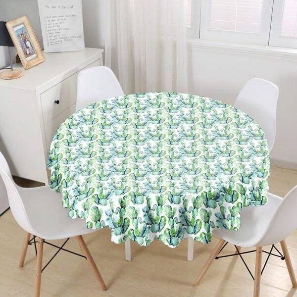 Cactus Tablecloth|Round Green Succulent Table Linen|Farmhouse Kitchen Decor|Decorative Green Cactus Table Top|Circle Green White Tablecloth