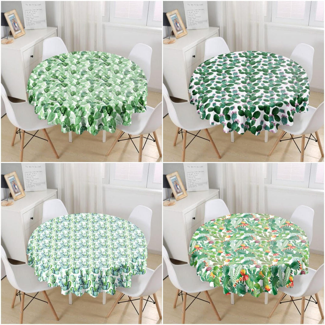 Cactus Tablecloth|Round Green Succulent Table Linen|Farmhouse Kitchen Decor|Decorative Green Cactus Table Top|Circle Green White Tablecloth