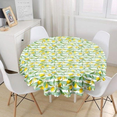 Lemon Tablecloth|Round Floral Lemon Table Linen|Striped Kitchen Decor|Fresh Citrus Table Top|Circle Yellow Lemon with Green Leaves Table Top