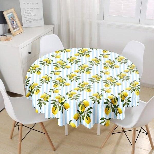 Lemon Tablecloth|Round Floral Lemon Table Linen|Striped Kitchen Decor|Fresh Citrus Table Top|Circle Yellow Lemon with Green Leaves Table Top