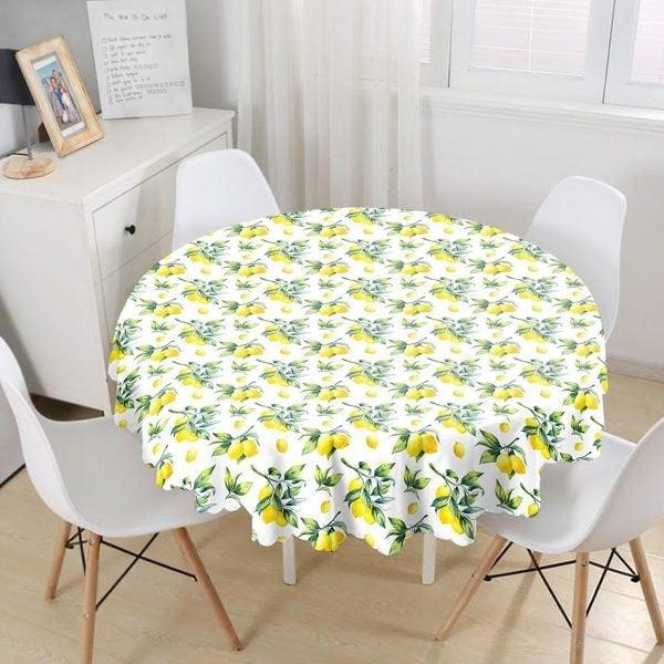 Lemon Tablecloth|Round Floral Lemon Table Linen|Farmhouse Kitchen Decor|Fresh Citrus Table Top|Circle Yellow Lemon with Green Leaves Table