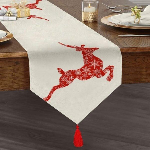 Christmas Table Runner|High Quality Triangle Chenille Table Top|Christmas Decor|Checkered Xmas Deer Print Table Runner|Winter Trend Runner