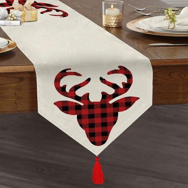 Christmas Table Runner|High Quality Triangle Chenille Table Top|Christmas Decor|Checkered Xmas Deer Print Table Runner|Winter Trend Runner