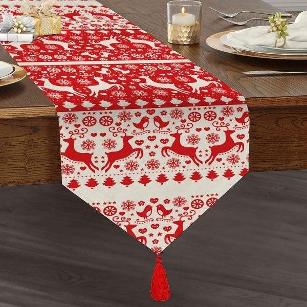 Christmas Table Runner|High Quality Triangle Chenille Table Runner|Red White Xmas Tabletop|Xmas Deer Print Table Runner|Winter Trend Runner