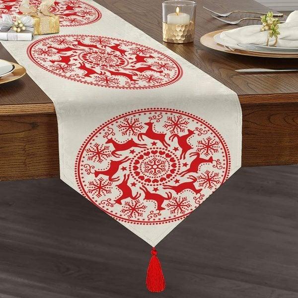 Christmas Table Runner|High Quality Triangle Chenille Table Runner|Red White Xmas Tabletop|Xmas Deer Print Table Runner|Winter Trend Runner