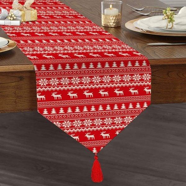 Christmas Table Runner|High Quality Triangle Chenille Table Runner|Red White Xmas Tabletop|Xmas Deer Print Table Runner|Winter Trend Runner