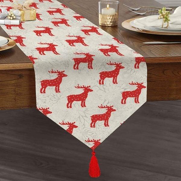 Christmas Table Runner|High Quality Triangle Chenille Table Runner|Red White Xmas Tabletop|Xmas Deer Print Table Runner|Winter Trend Runner