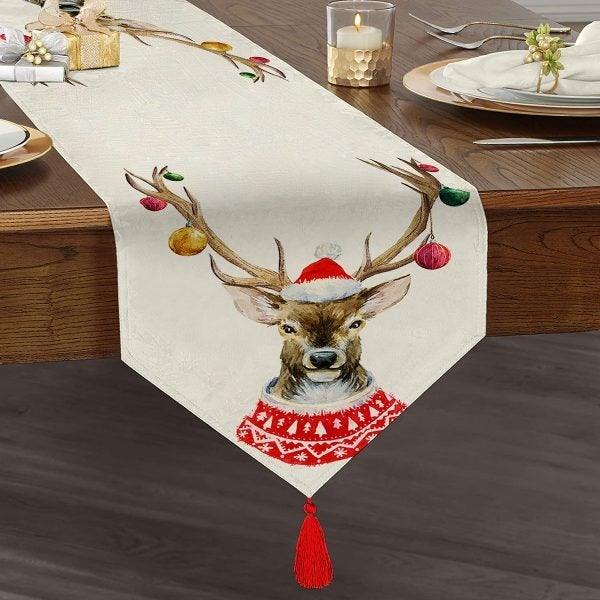 Christmas Table Runner|High Quality Triangle Chenille Table Runner|Merry Christmas Tabletop|Xmas Deer Print Table Runner|Winter Trend Runner