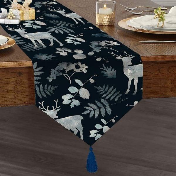 Winter Trend Runner|High Quality Triangle Chenille Table Runner|Black White Xmas Tabletop|Xmas Deer Print Table Runner|Winter Trend Runner